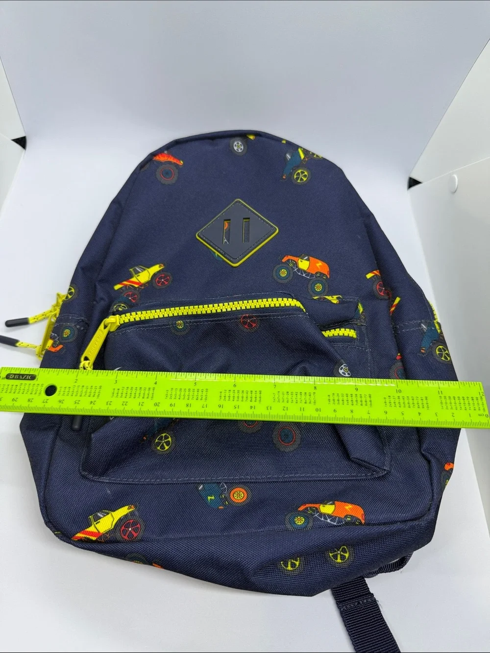 Navy Kids Backpack with Neon Yellow Accent and Racecar Print